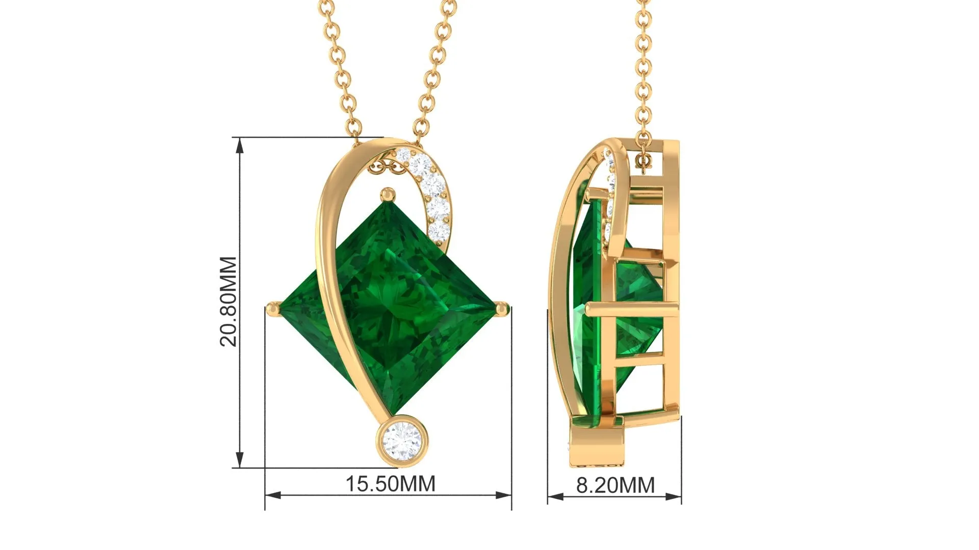 Certified Created Emerald Princess Cut Solitaire Diagonal Pendant with Diamond