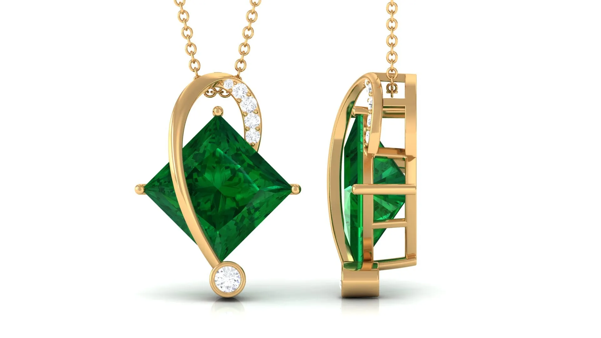 Certified Created Emerald Princess Cut Solitaire Diagonal Pendant with Diamond