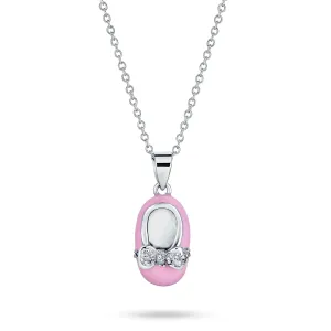 Charm Baby Shoe Pendant Necklace for New Mothers with Pink Enamel Bow and CZ Accent