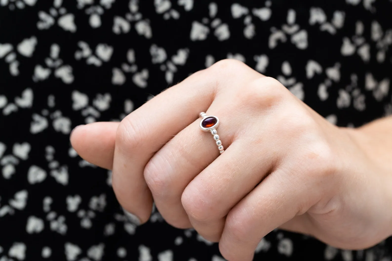 Cherry Amber Bubble Stacking Ring - Minimalist Sterling Silver Band with Baltic Amber Gemstone - Everyday Wear