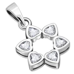 Clear CZ Heart Shape Star David Silver Pendant