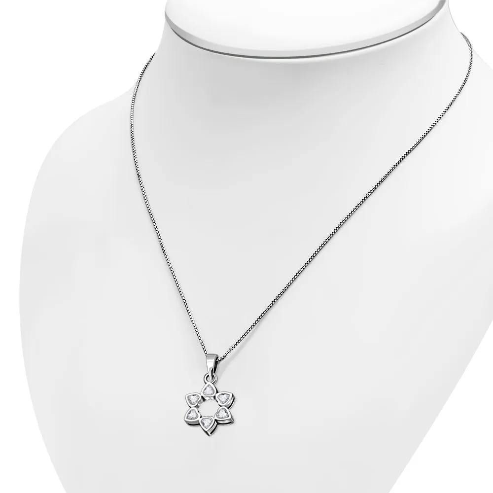 Clear CZ Heart Shape Star David Silver Pendant