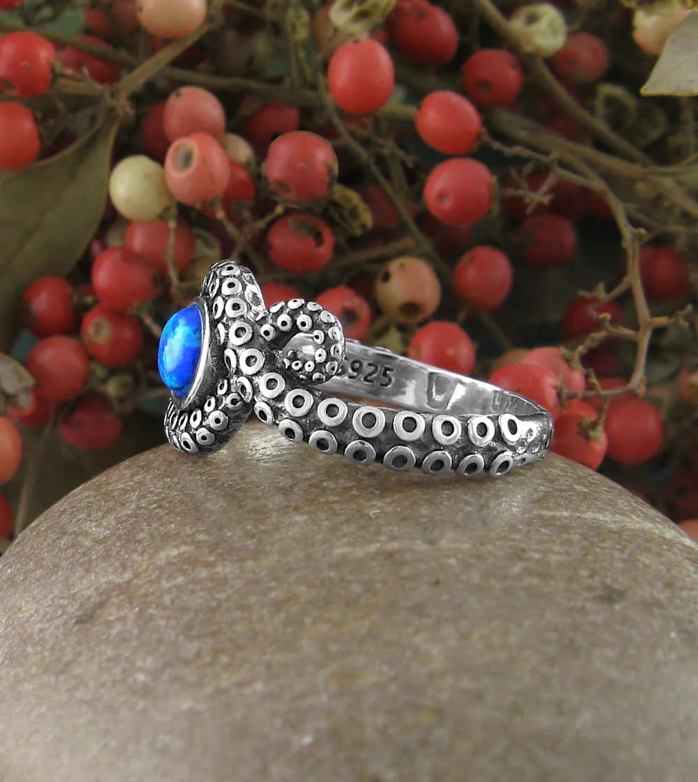 Curling Octopus Tentacles Ring With Blue Lab Opal