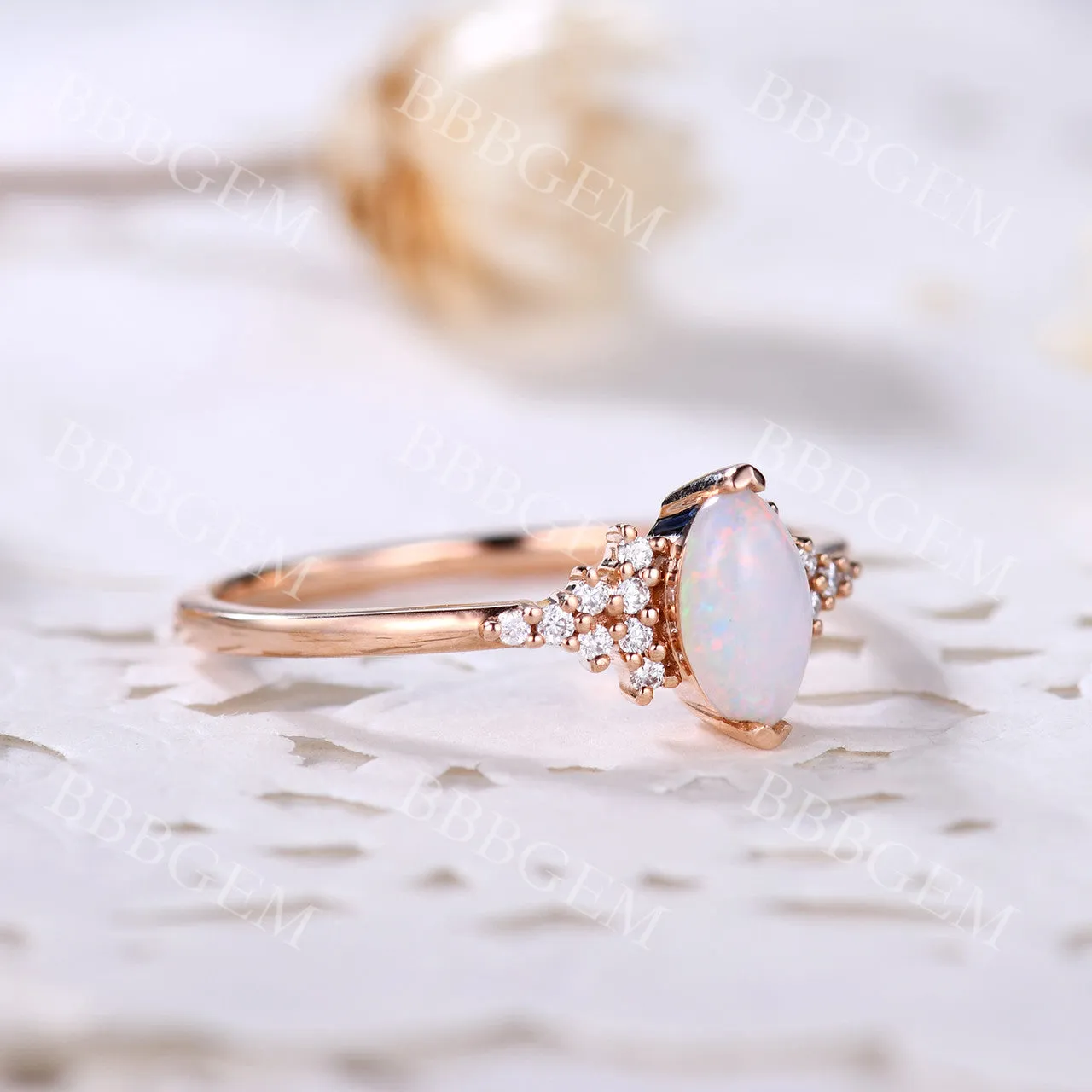 Dainty 1CT Marquise Shaped White Opal Engagement Ring in Rose Gold