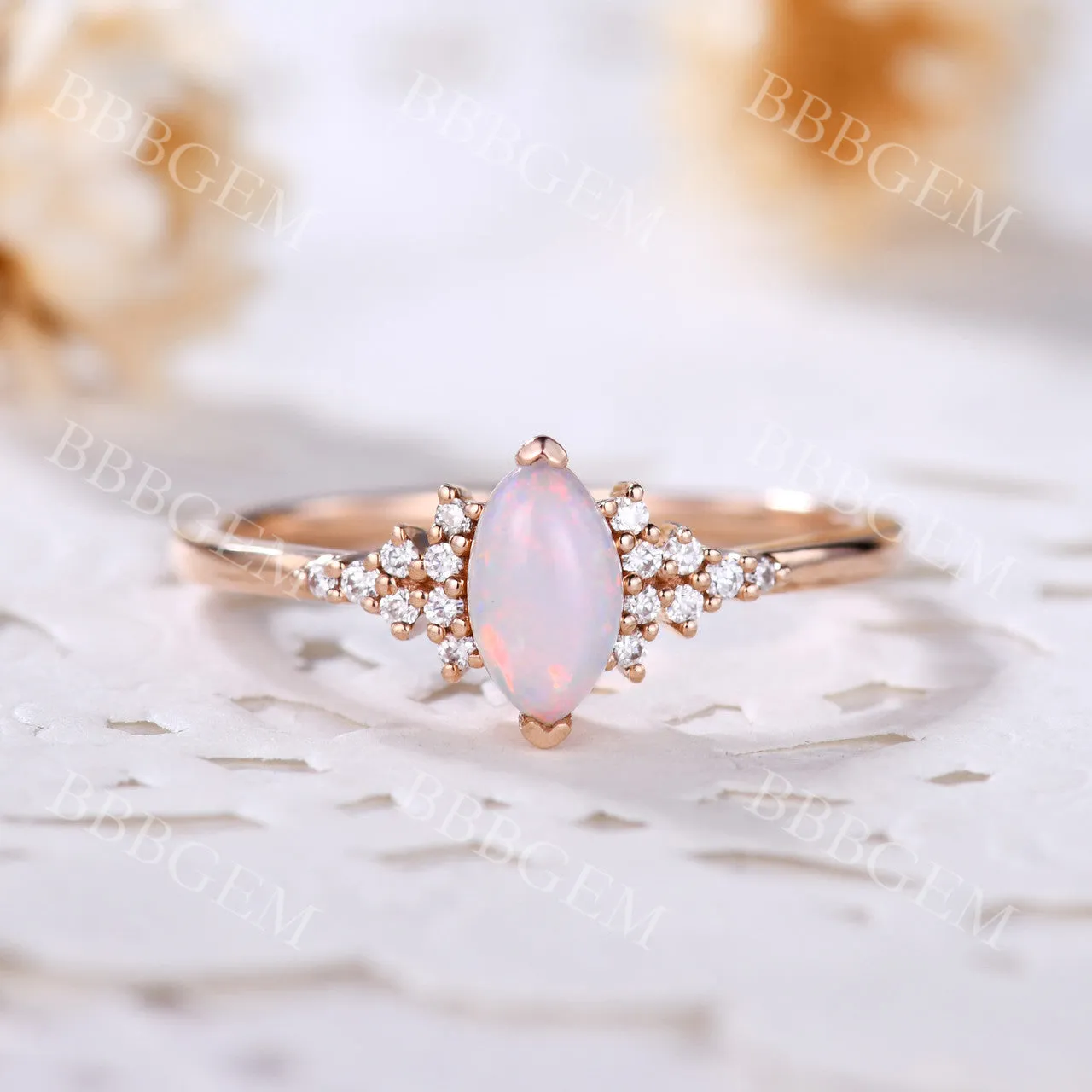 Dainty 1CT Marquise Shaped White Opal Engagement Ring in Rose Gold