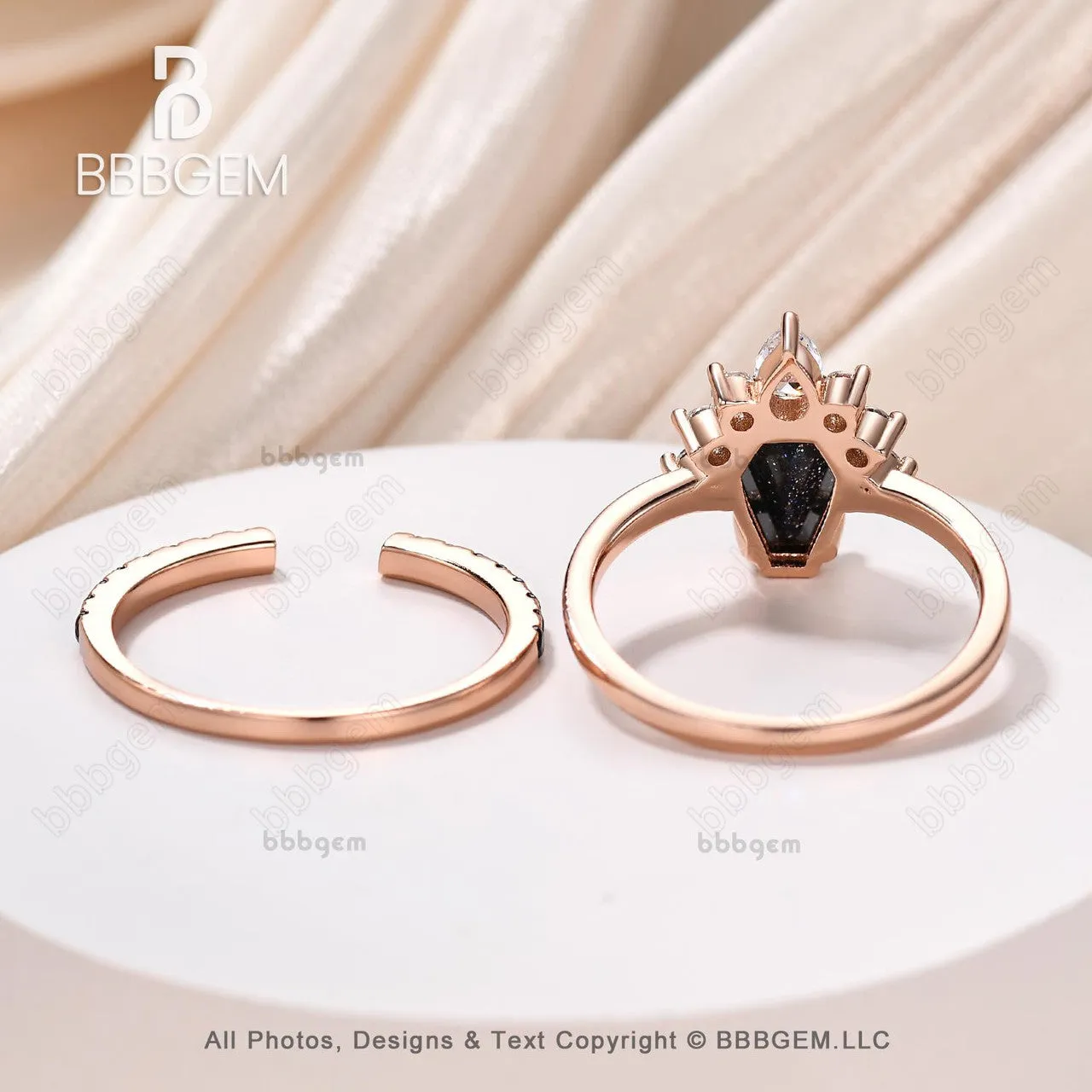 Dark Cluster Coffin Cut Blue Sandstone Wedding Ring Set for Women in Rose Gold Spinel Coffin Engagement Rings Unique Gift