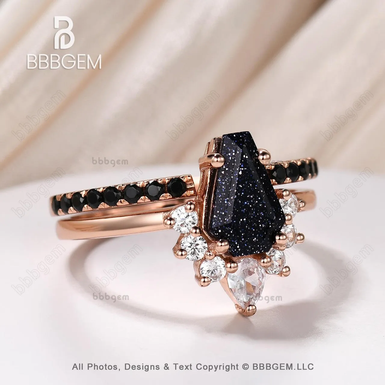 Dark Cluster Coffin Cut Blue Sandstone Wedding Ring Set for Women in Rose Gold Spinel Coffin Engagement Rings Unique Gift