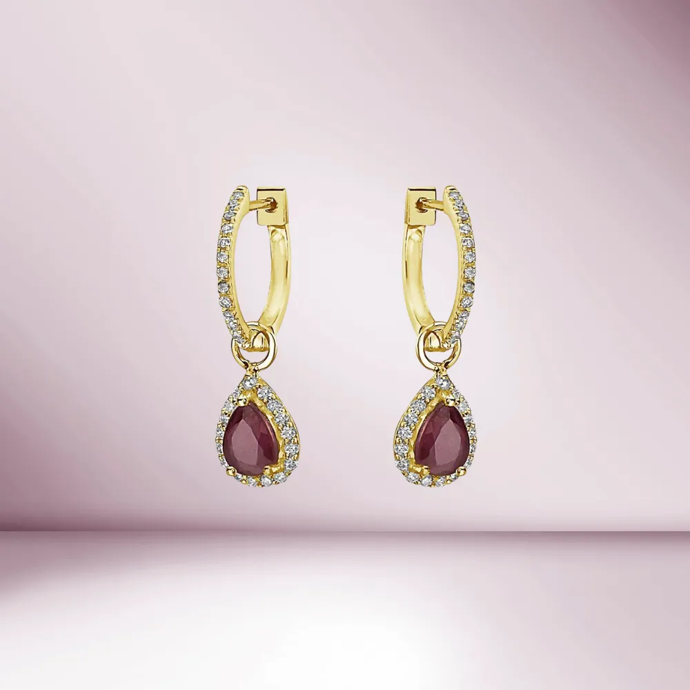 Diamond Hoop & Dangle Red Ruby Pear Shape With Diamond Halo Earrings (1.69 ct.) in 14K Gold