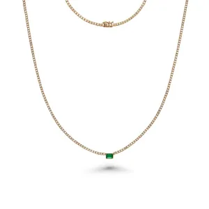 Diamond Tennis Necklace with Emerald Cut Emerald 7.20x5mm (5.50 ct.) 2 mm 4-Prongs Setting  in 14K Gold