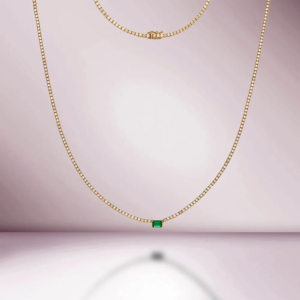 Diamond Tennis Necklace with Emerald Cut Emerald 7.20x5mm (5.50 ct.) 2 mm 4-Prongs Setting  in 14K Gold