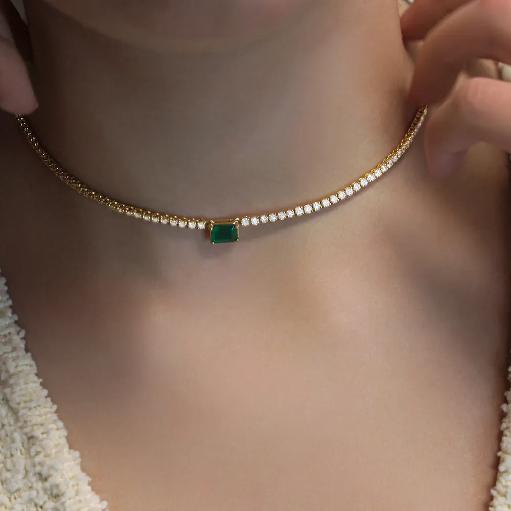 Diamond Tennis Necklace with Emerald Cut Emerald 7.20x5mm (5.50 ct.) 2 mm 4-Prongs Setting  in 14K Gold