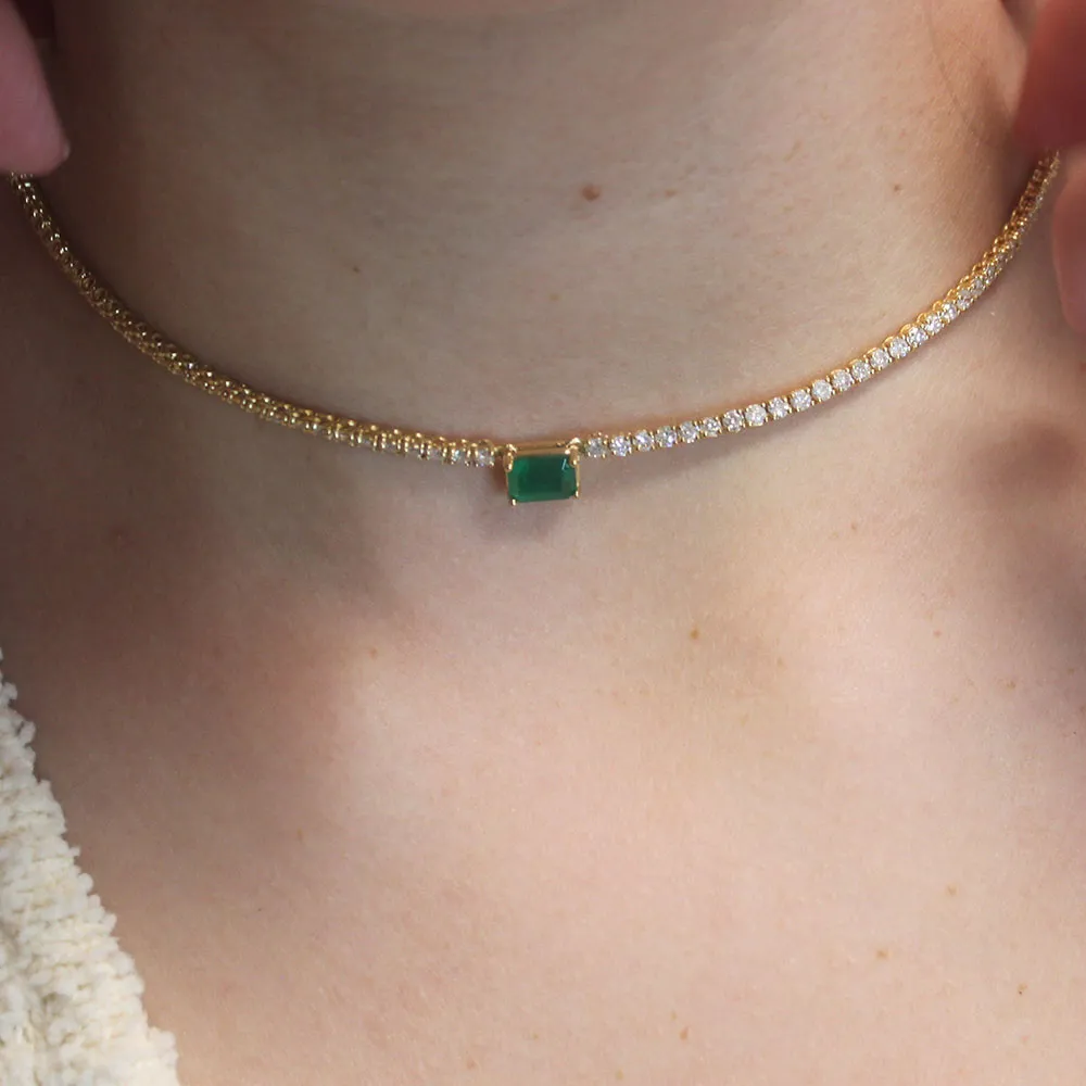 Diamond Tennis Necklace with Emerald Cut Emerald 7.20x5mm (5.50 ct.) 2 mm 4-Prongs Setting  in 14K Gold