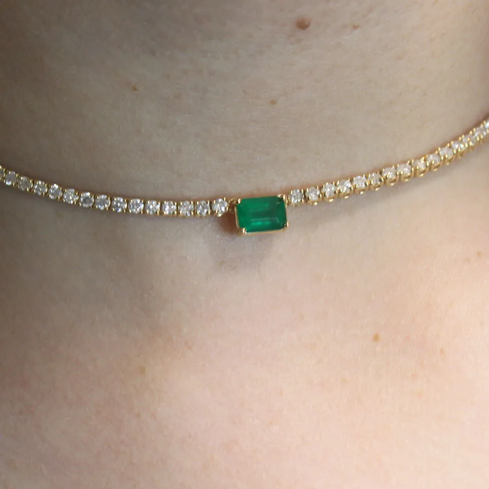 Diamond Tennis Necklace with Emerald Cut Emerald 7.20x5mm (5.50 ct.) 2 mm 4-Prongs Setting  in 14K Gold