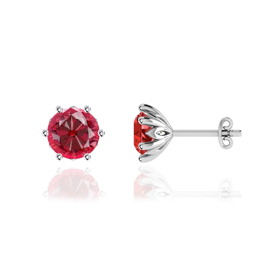 ELOISE - Round Ruby 18k White Gold Lotus Leaf Stud Earrings