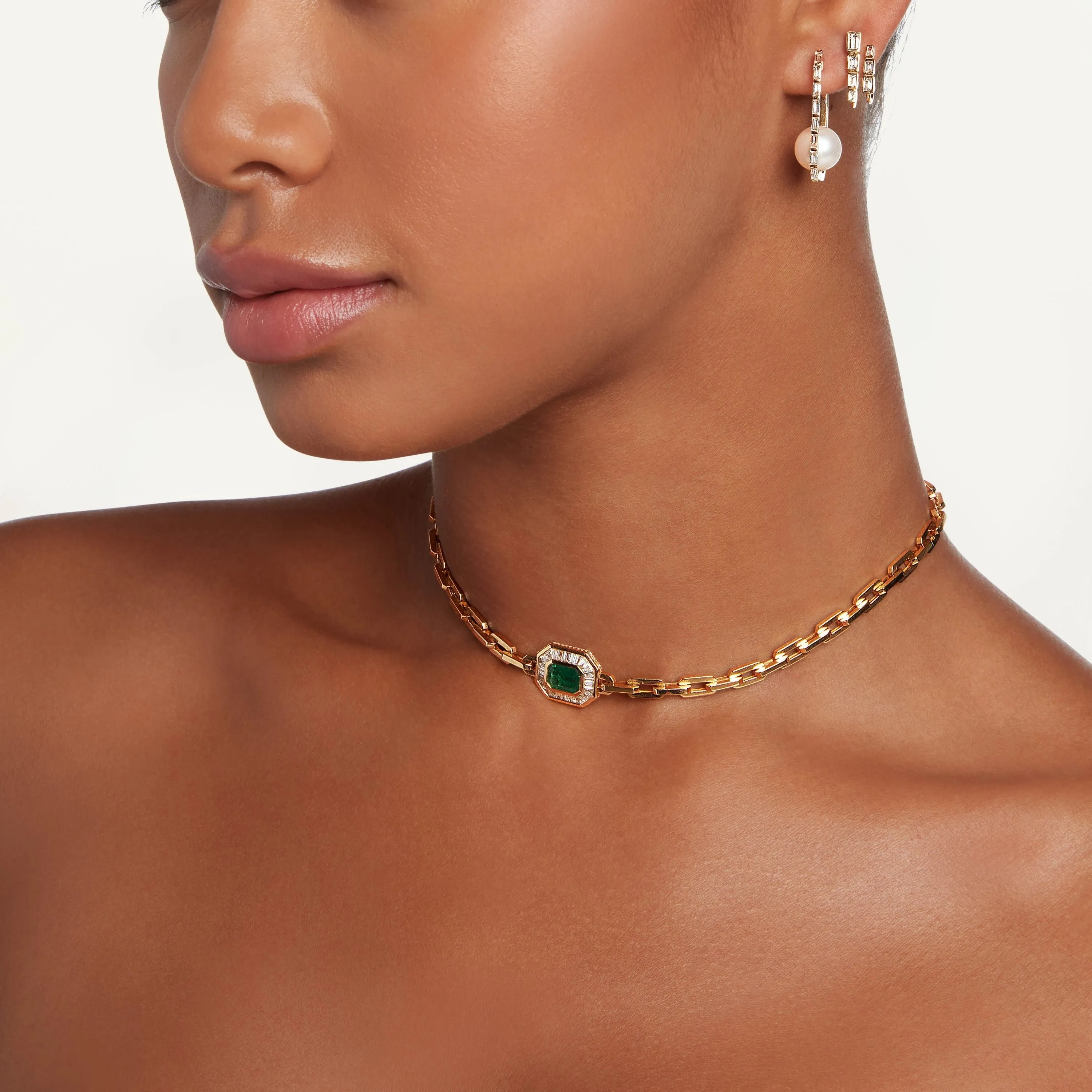 EMERALD & DIAMOND HALO MINI DECO LINK NECKLACE