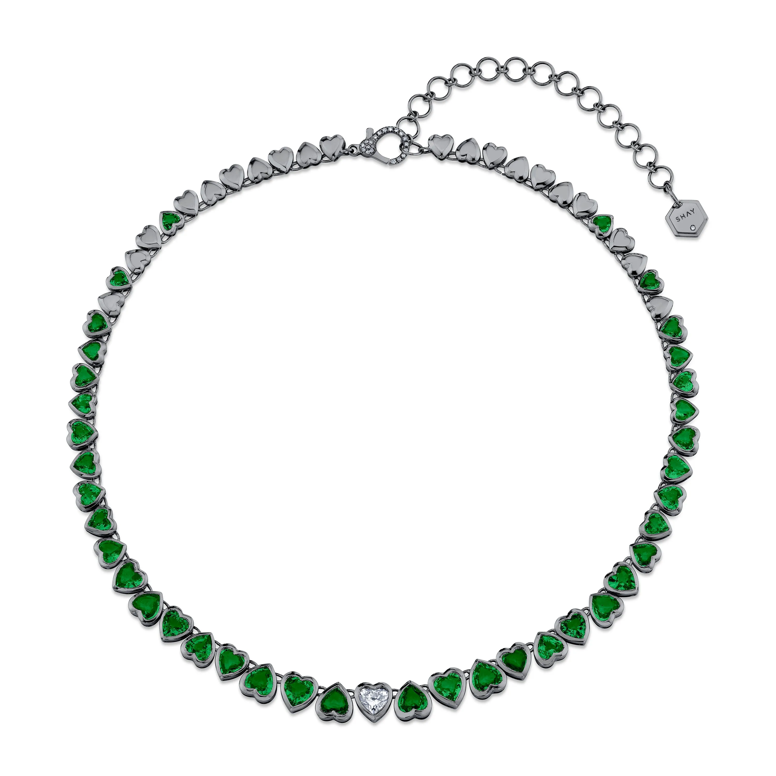 EMERALD & DIAMOND HEART BEZEL TENNIS NECKLACE