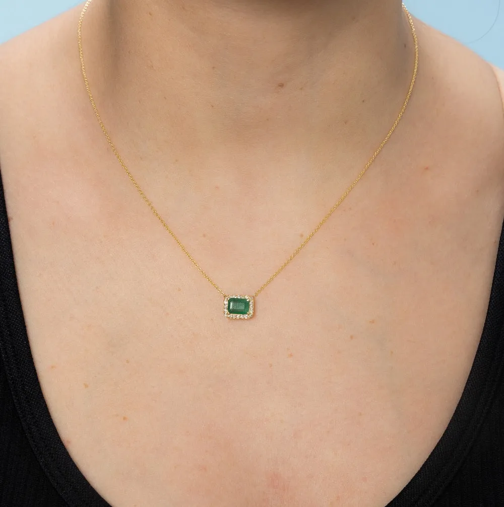 Emerald Cut Emerald & Diamond Halo Necklace (1.11 ct.) in 14K Gold