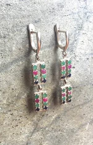 Emerald Dangling Earrings - Long Silver Earrings - Multistone Statement Earrings