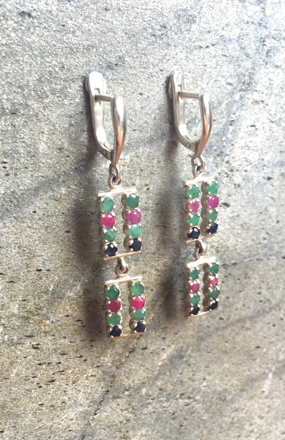 Emerald Dangling Earrings - Long Silver Earrings - Multistone Statement Earrings