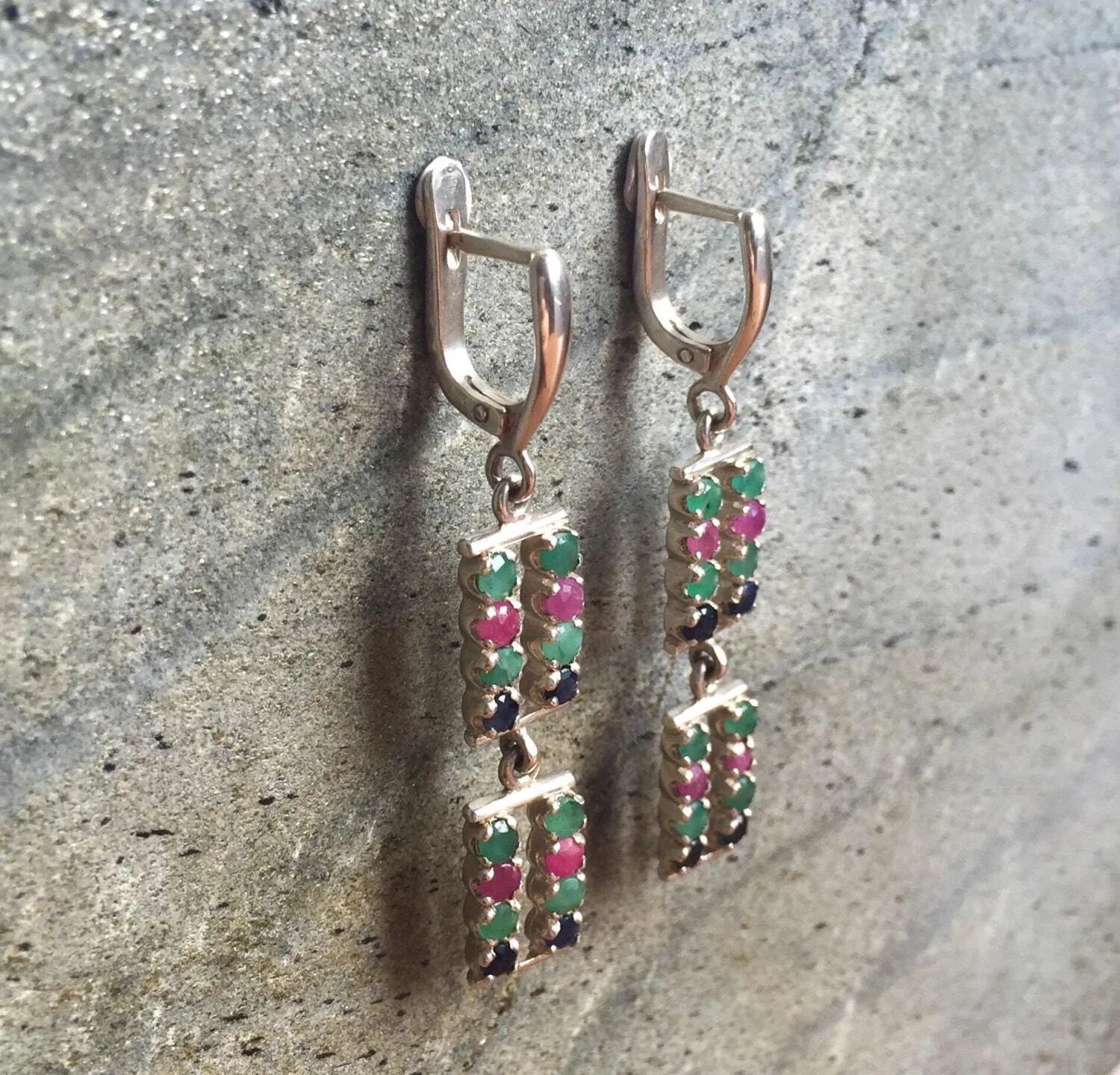 Emerald Dangling Earrings - Long Silver Earrings - Multistone Statement Earrings