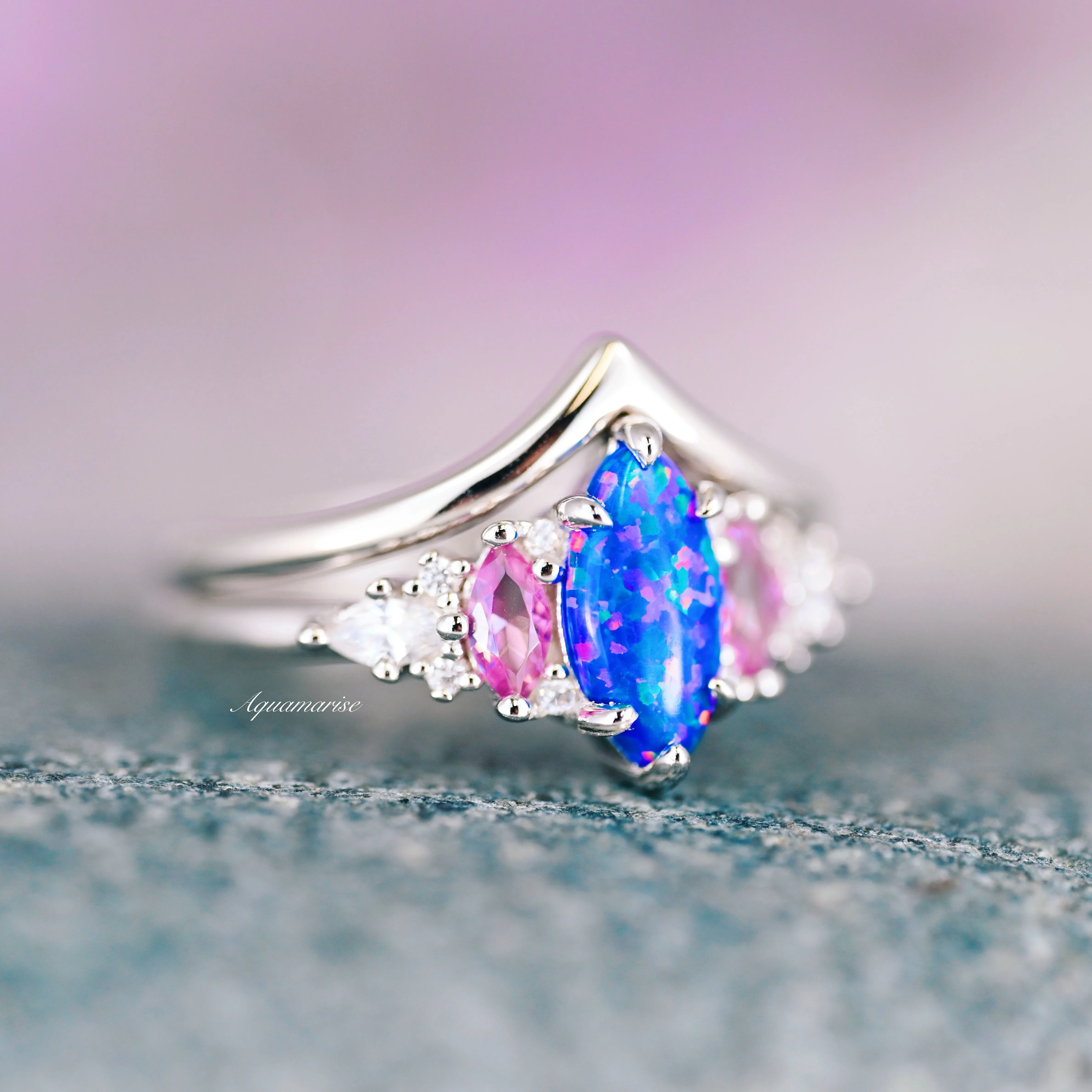 Emerie Blue Fire Opal & Pink Sapphire Ring Set-  Sterling Silver