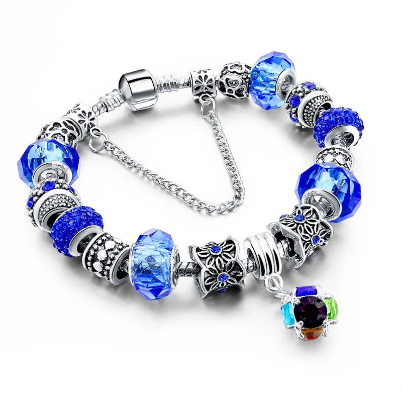 European Style Authentic Tibetan Silver Blue Crystal Charm Braceletas for Women Original DIY Jewelry Christmas Gift