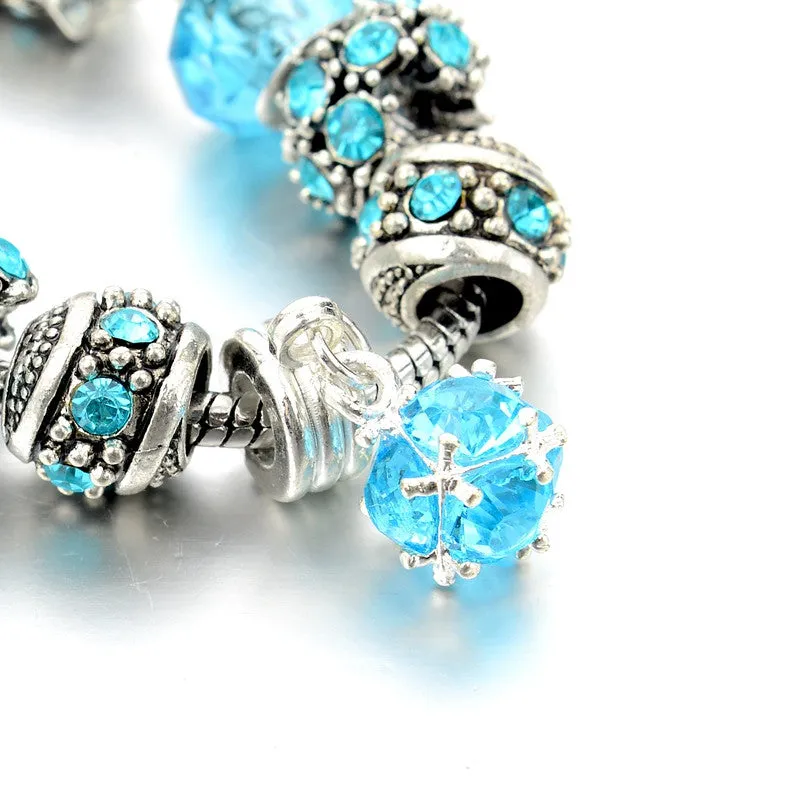 European Style Authentic Tibetan Silver Blue Crystal Charm Braceletas for Women Original DIY Jewelry Christmas Gift