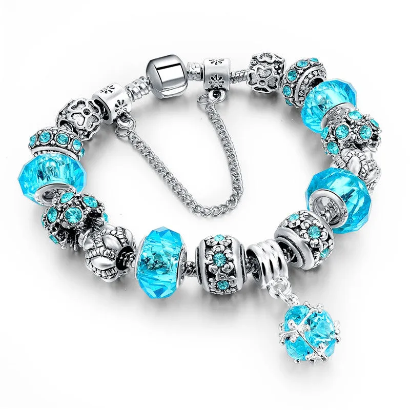 European Style Authentic Tibetan Silver Blue Crystal Charm Braceletas for Women Original DIY Jewelry Christmas Gift