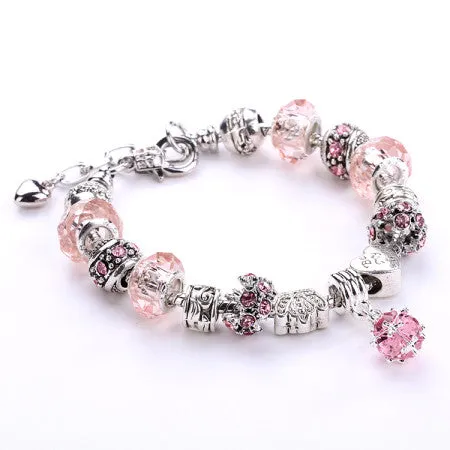 Fashion 925 Silver Daisies Murano Glass&Crystal European Charm Beads DIY Style Bracelets Adjustable