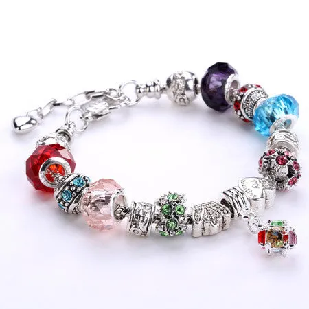 Fashion 925 Silver Daisies Murano Glass&Crystal European Charm Beads DIY Style Bracelets Adjustable