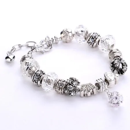 Fashion 925 Silver Daisies Murano Glass&Crystal European Charm Beads DIY Style Bracelets Adjustable