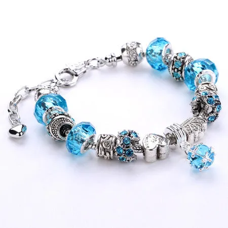 Fashion 925 Silver Daisies Murano Glass&Crystal European Charm Beads DIY Style Bracelets Adjustable