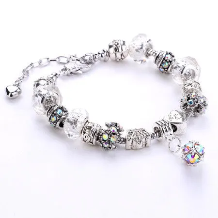 Fashion 925 Silver Daisies Murano Glass&Crystal European Charm Beads DIY Style Bracelets Adjustable