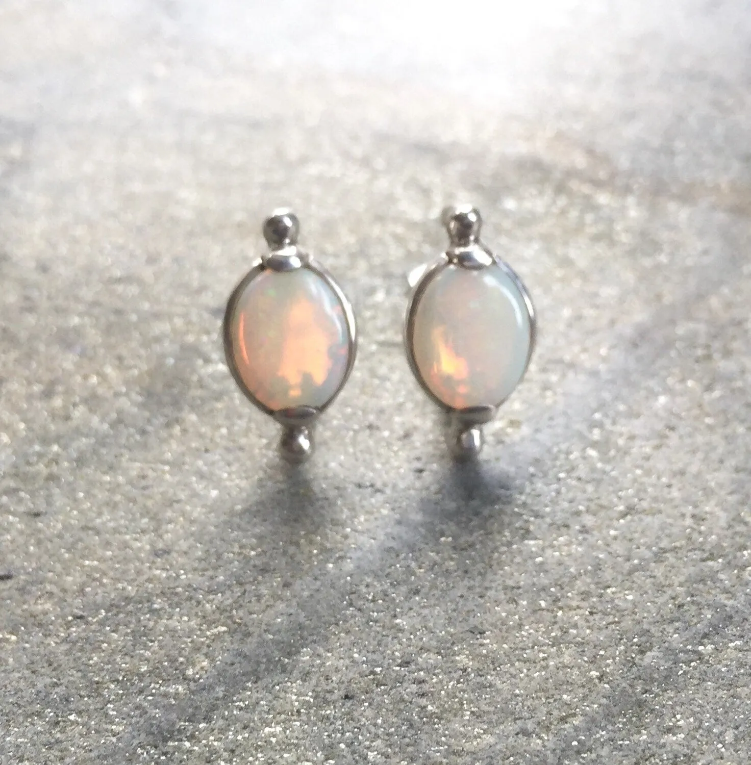 Fire Opal Earrings - Natural Opal Earrings - Vintage White Studs