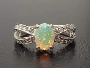 Fire Opal Ring - Vintage Opal Ring - Diamond Split Shank Band