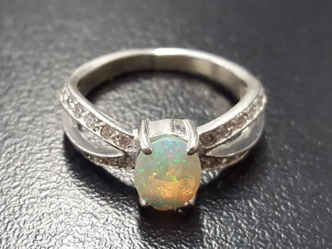 Fire Opal Ring - Vintage Opal Ring - Diamond Split Shank Band