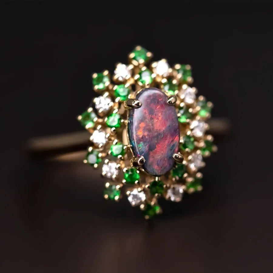 Fireworks - Black Opal & Diamond Engagement Ring 18K Yellow Gold