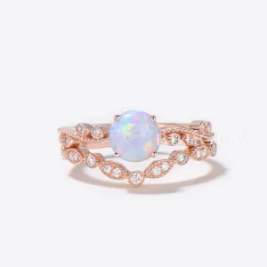 Floral Opal Solitaire Diamond Engagement Ring Bridal  Set Rose Gold Antique