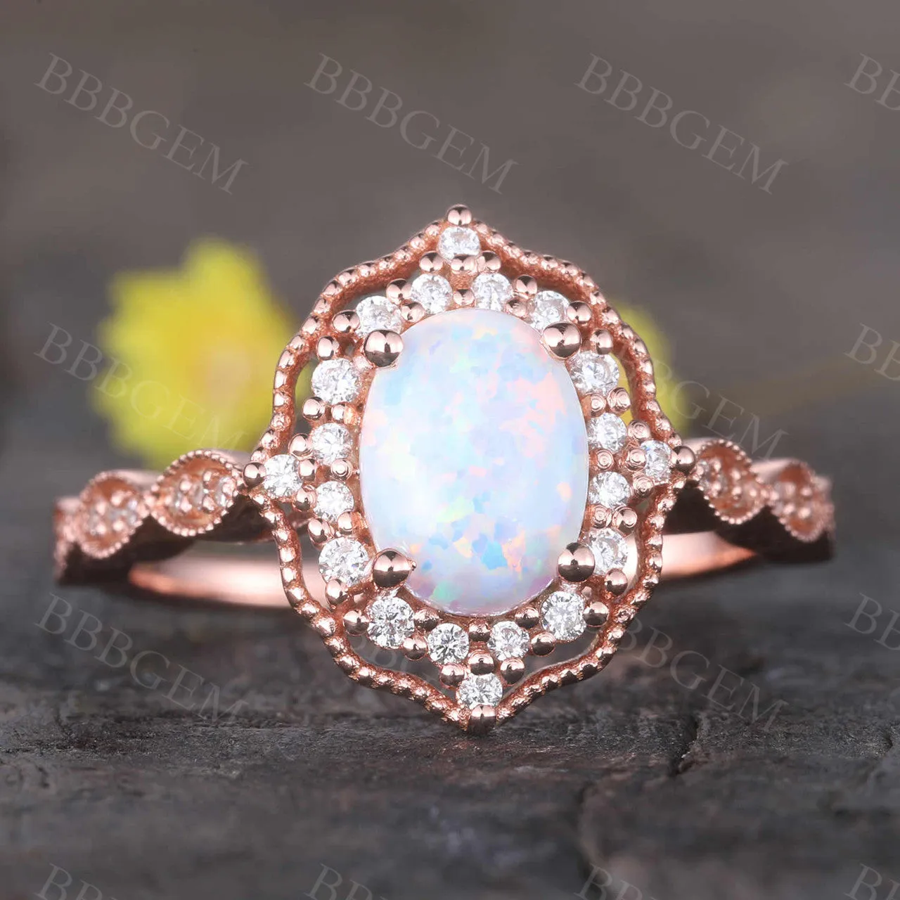 Floral Vintage Opal Engagement Ring Rose Gold Art Deco Ring Women Scalloped Diamond Eternity Band