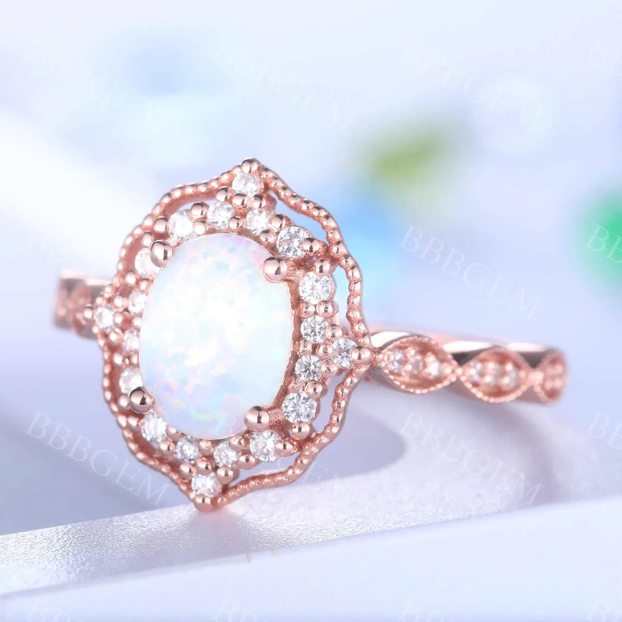 Floral Vintage Opal Engagement Ring Rose Gold Art Deco Ring Women Scalloped Diamond Eternity Band