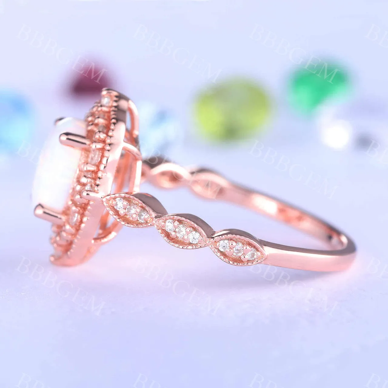 Floral Vintage Opal Engagement Ring Rose Gold Art Deco Ring Women Scalloped Diamond Eternity Band