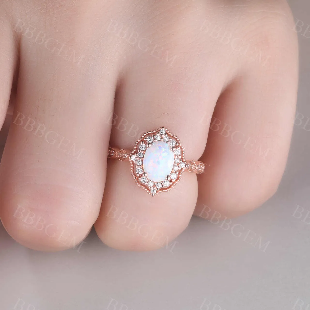 Floral Vintage Opal Engagement Ring Rose Gold Art Deco Ring Women Scalloped Diamond Eternity Band