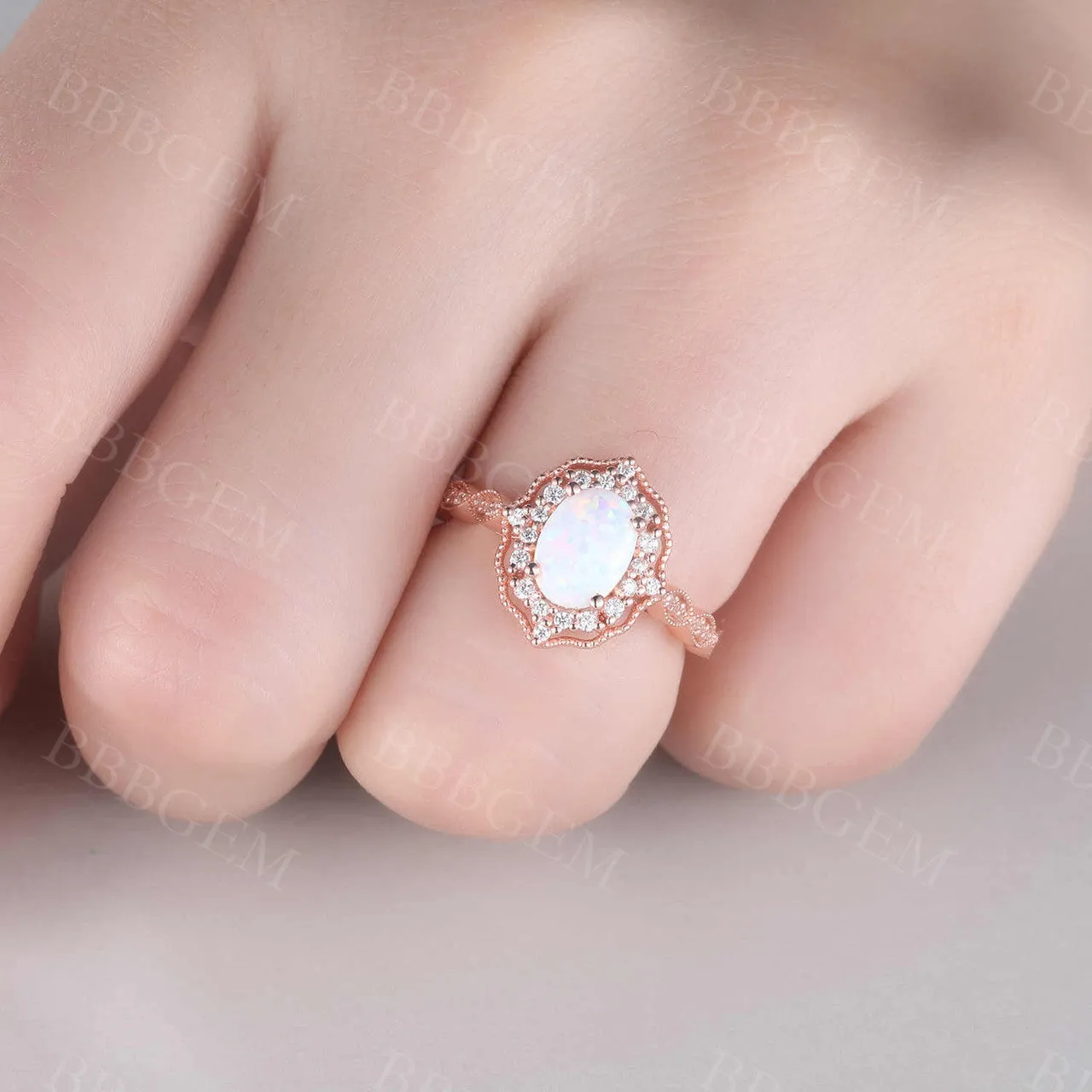 Floral Vintage Opal Engagement Ring Rose Gold Art Deco Ring Women Scalloped Diamond Eternity Band