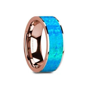 GAGE Flat 14K Rose Gold Ring with Blue Opal Inlay and Polished Edges - 8mm