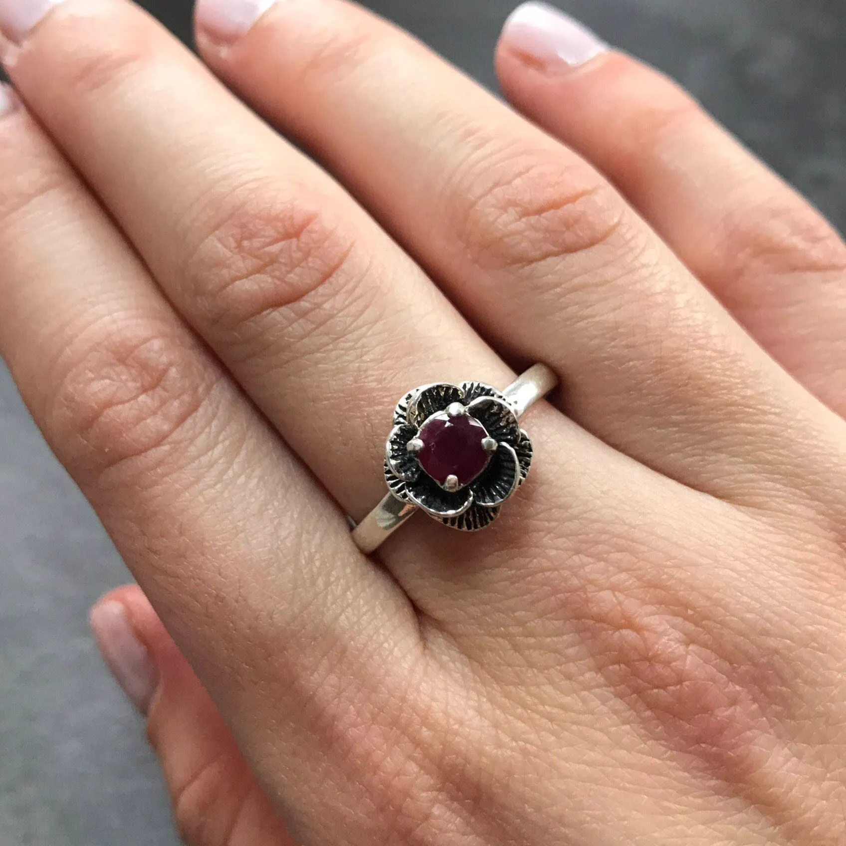 Genuine Ruby Ring - Red Flower Ring - July Birthstone Ring