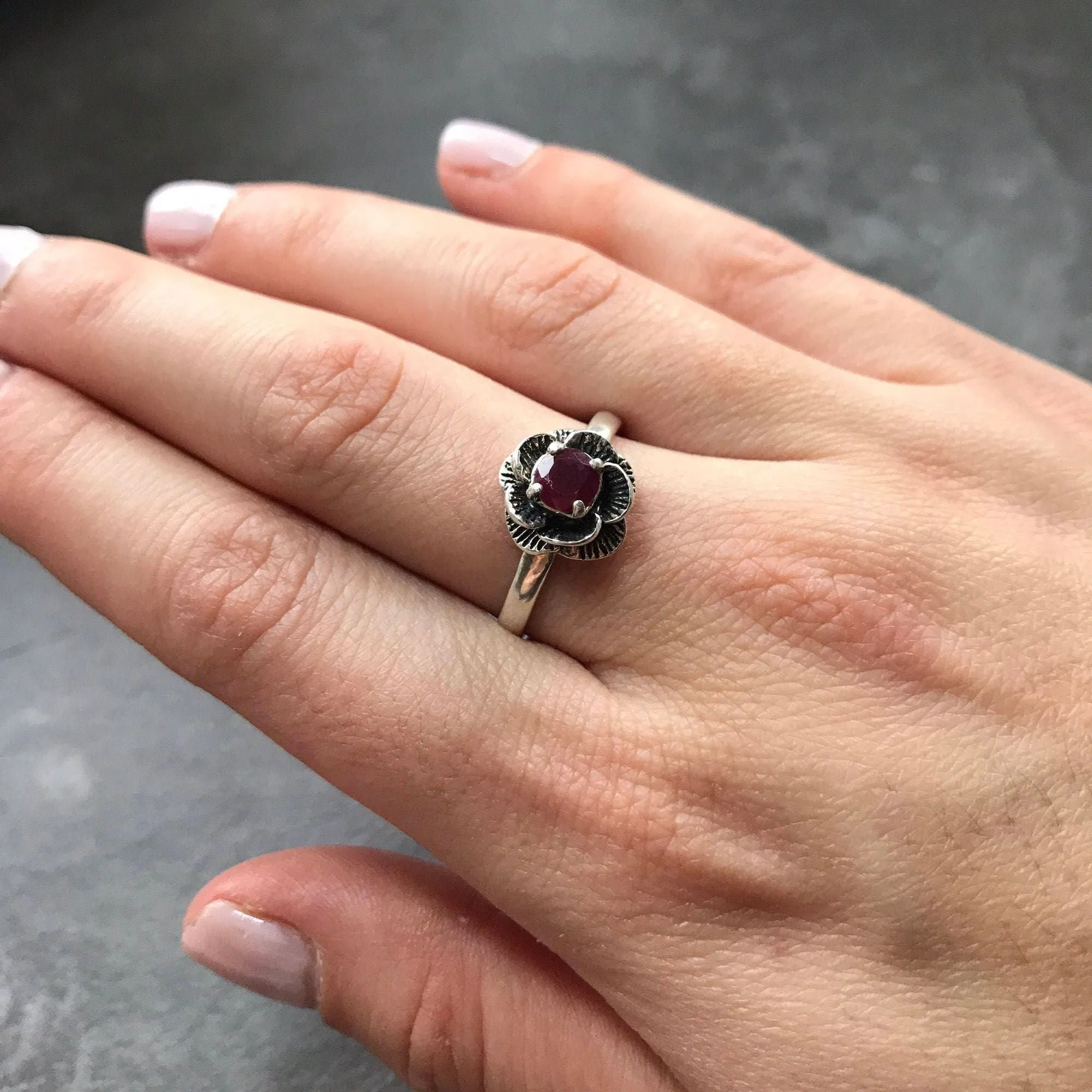 Genuine Ruby Ring - Red Flower Ring - July Birthstone Ring