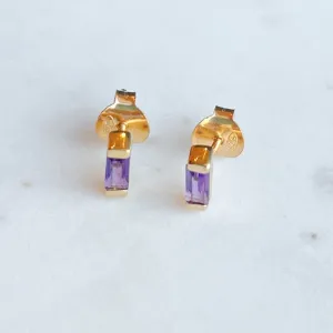 Gold Baguette Stone Stud Earrings: Amethyst