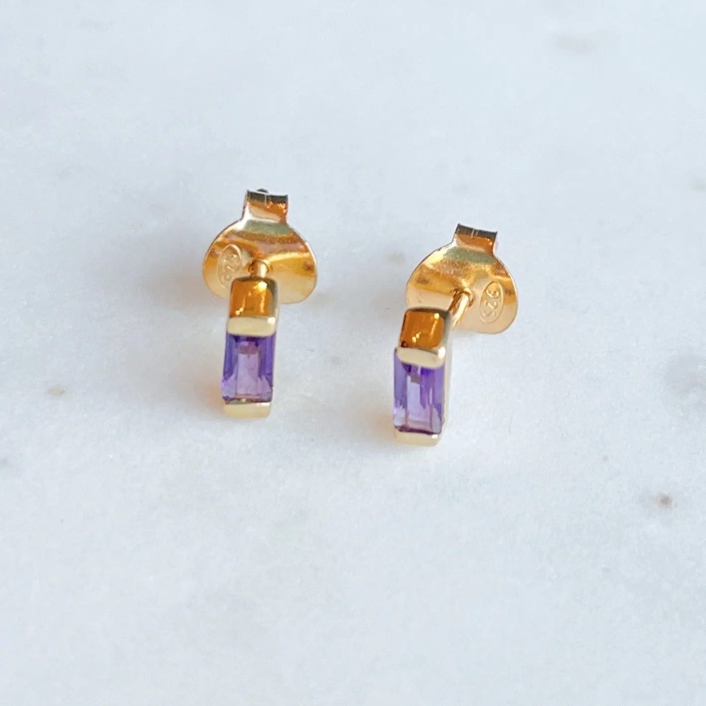 Gold Baguette Stone Stud Earrings: Amethyst