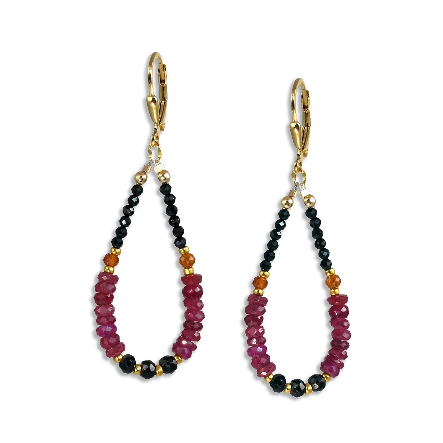 Gold Leverback Earrings with Black Spinel, Hessonite, and Ruby