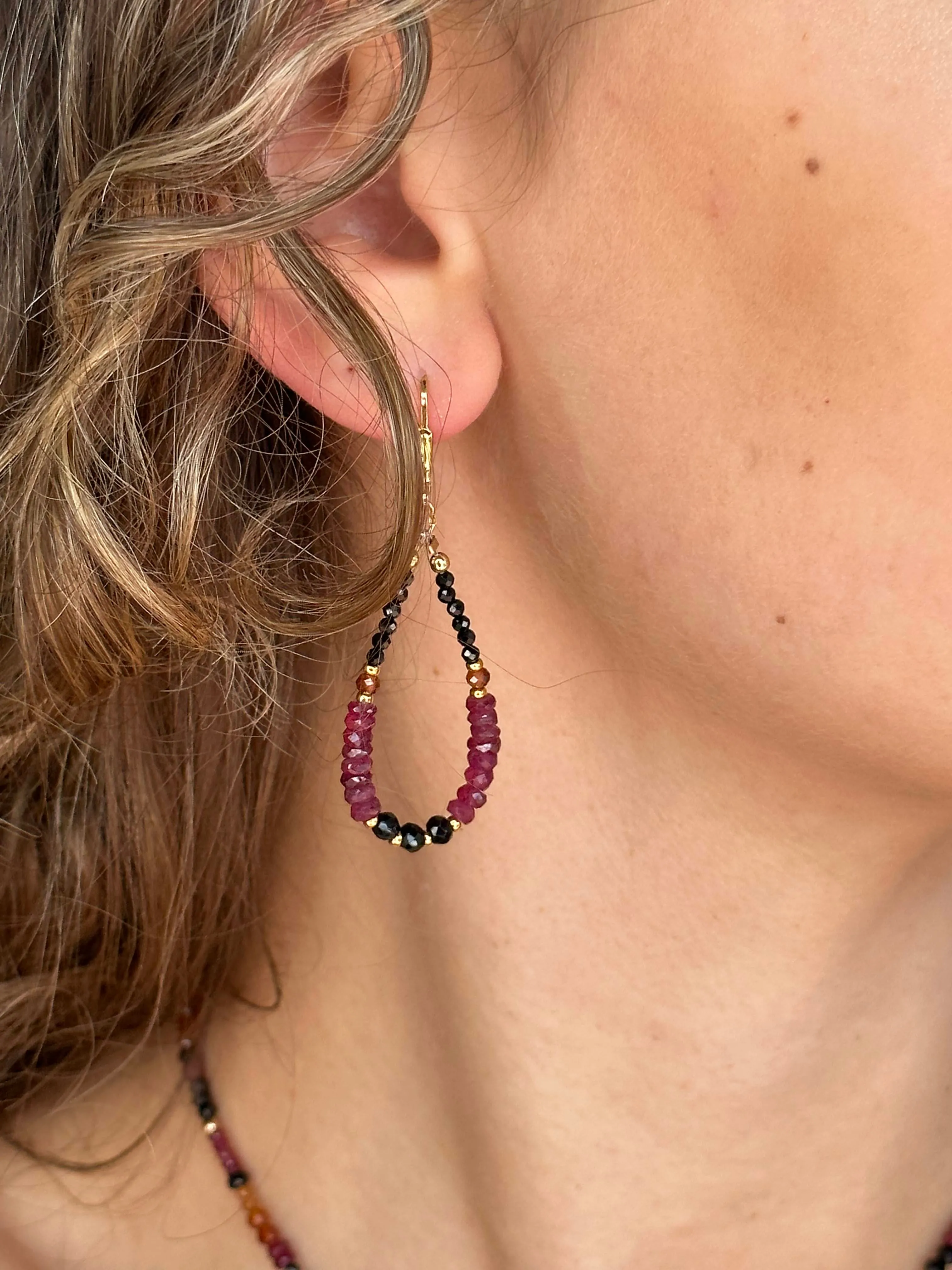 Gold Leverback Earrings with Black Spinel, Hessonite, and Ruby